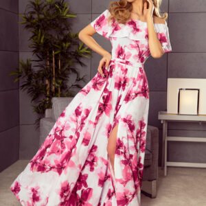 Numoco 194-2 Long dress with frill - big pink flowers