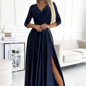 Numoco 309-7 AMBER lace long satin dress with a neckline - dark blue