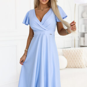 Numoco 675-1 Flared midi dress with a wrap neckline and glitter sheen - sky blue